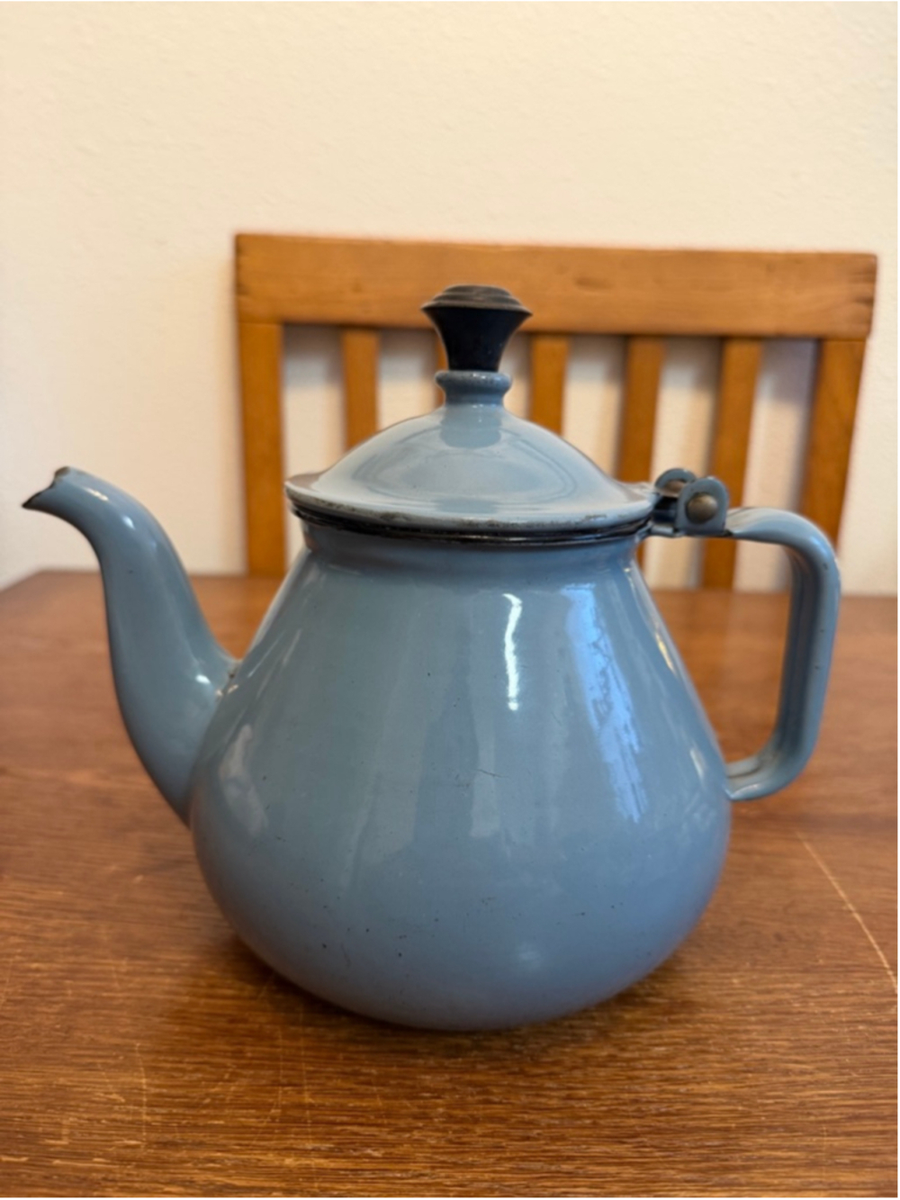 Vintage Blue Gray Enamelware Coffee Pot Teapot Hinged Lid Farmhouse Camp Kitchen